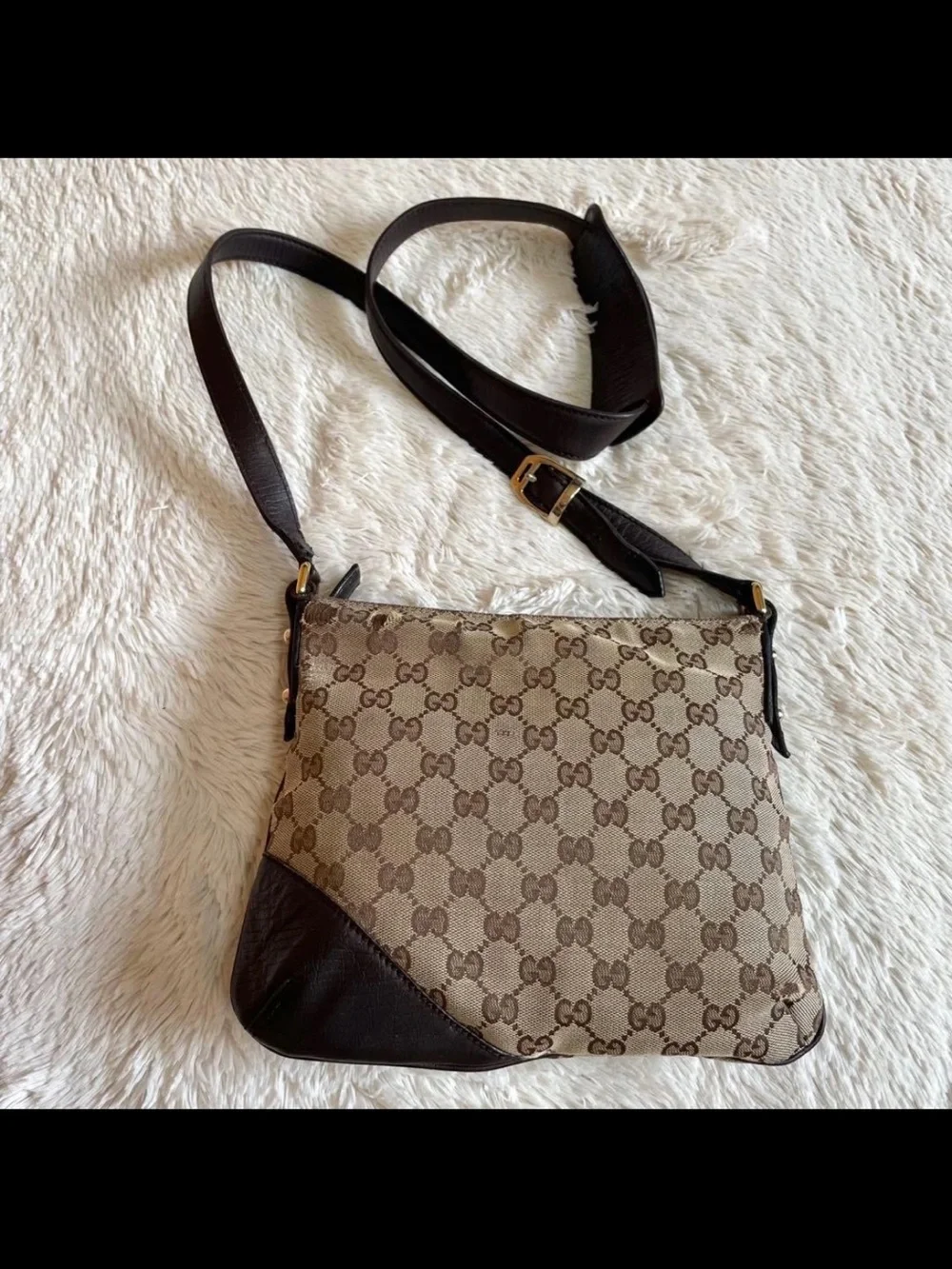 Gucci Brown GG Canvas Crossbody Bag with Red-Green Web and Gold Tone Hardware